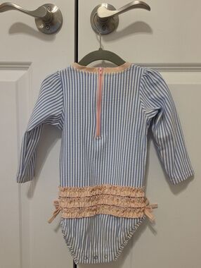 TODDLERGirls' RUFFLE BUTT Blue Stripe Long-Sleeve Rash Guard Swimsuit